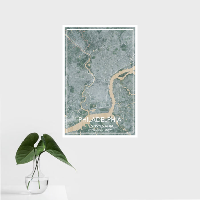 16x24 Philadelphia Pennsylvania Map Print Portrait Orientation in Afternoon Style With Tropical Plant Leaves in Water