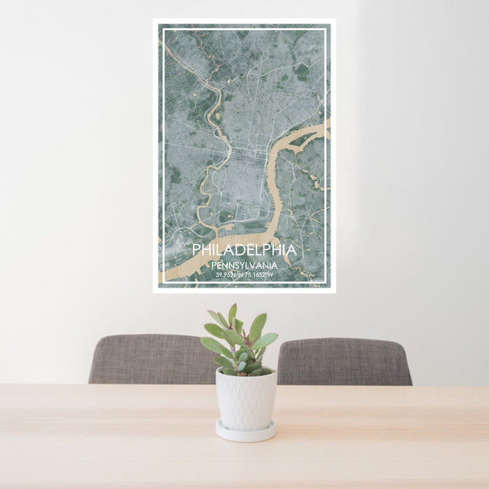 24x36 Philadelphia Pennsylvania Map Print Portrait Orientation in Afternoon Style Behind 2 Chairs Table and Potted Plant
