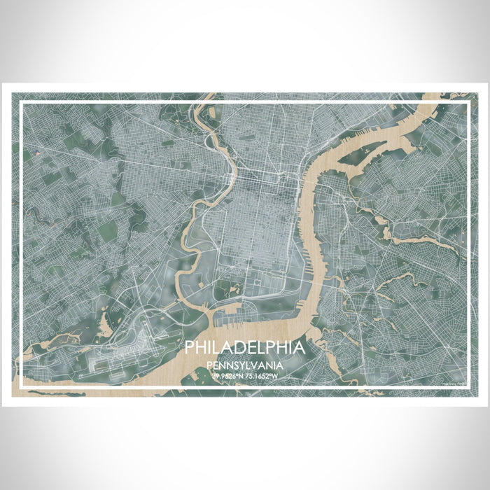Philadelphia Pennsylvania Map Print Landscape Orientation in Afternoon Style With Shaded Background