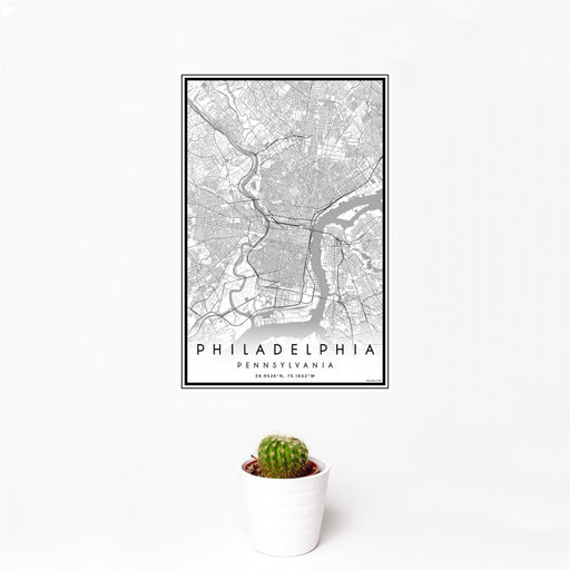 12x18 Philadelphia Pennsylvania Map Print Portrait Orientation in Classic Style With Small Cactus Plant in White Planter