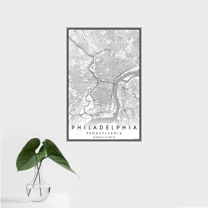 16x24 Philadelphia Pennsylvania Map Print Portrait Orientation in Classic Style With Tropical Plant Leaves in Water