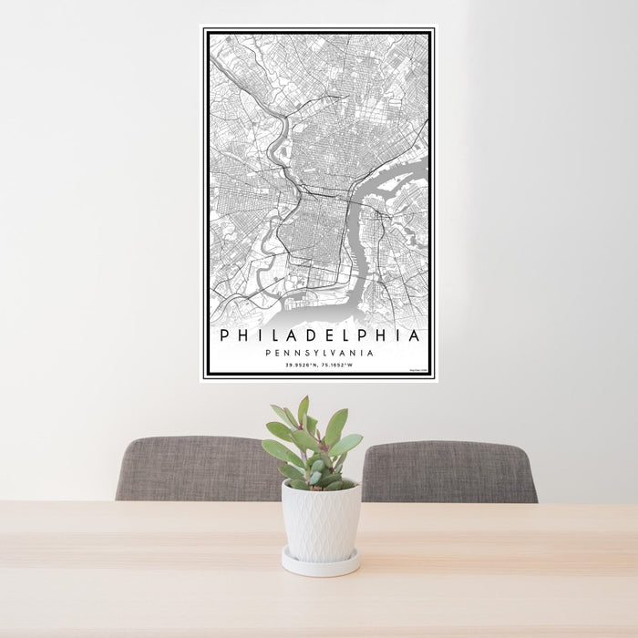 24x36 Philadelphia Pennsylvania Map Print Portrait Orientation in Classic Style Behind 2 Chairs Table and Potted Plant