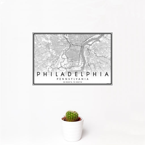 12x18 Philadelphia Pennsylvania Map Print Landscape Orientation in Classic Style With Small Cactus Plant in White Planter