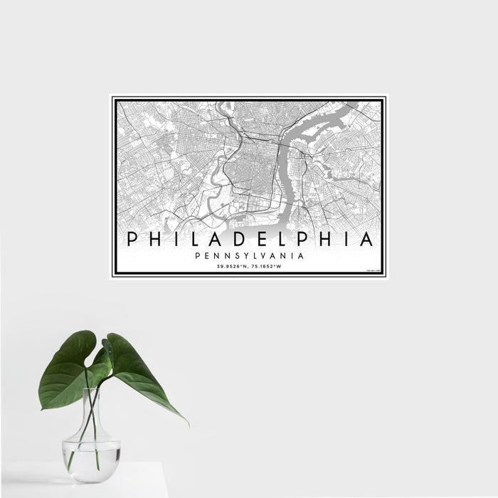 16x24 Philadelphia Pennsylvania Map Print Landscape Orientation in Classic Style With Tropical Plant Leaves in Water