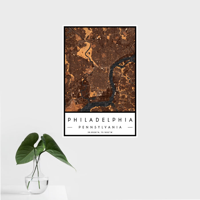 16x24 Philadelphia Pennsylvania Map Print Portrait Orientation in Ember Style With Tropical Plant Leaves in Water