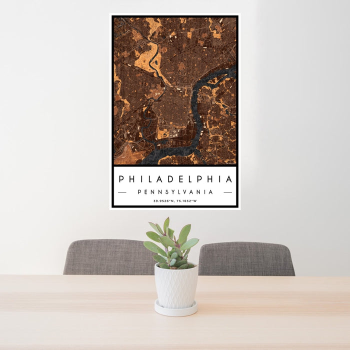 24x36 Philadelphia Pennsylvania Map Print Portrait Orientation in Ember Style Behind 2 Chairs Table and Potted Plant