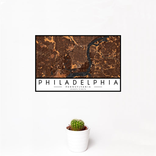 12x18 Philadelphia Pennsylvania Map Print Landscape Orientation in Ember Style With Small Cactus Plant in White Planter