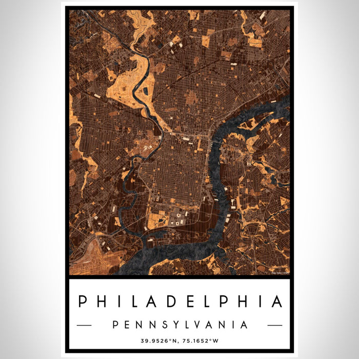 Philadelphia Pennsylvania Map Print Portrait Orientation in Ember Style With Shaded Background