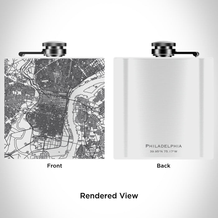 Rendered View of Philadelphia Pennsylvania Map Engraving on 6oz Stainless Steel Flask in White