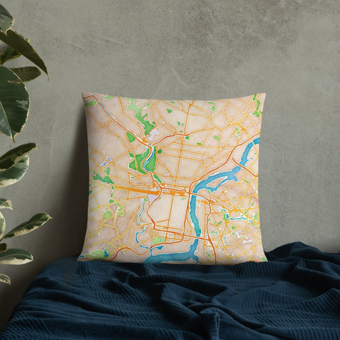 Custom Philadelphia Pennsylvania Map Throw Pillow in Watercolor on Bedding Against Wall