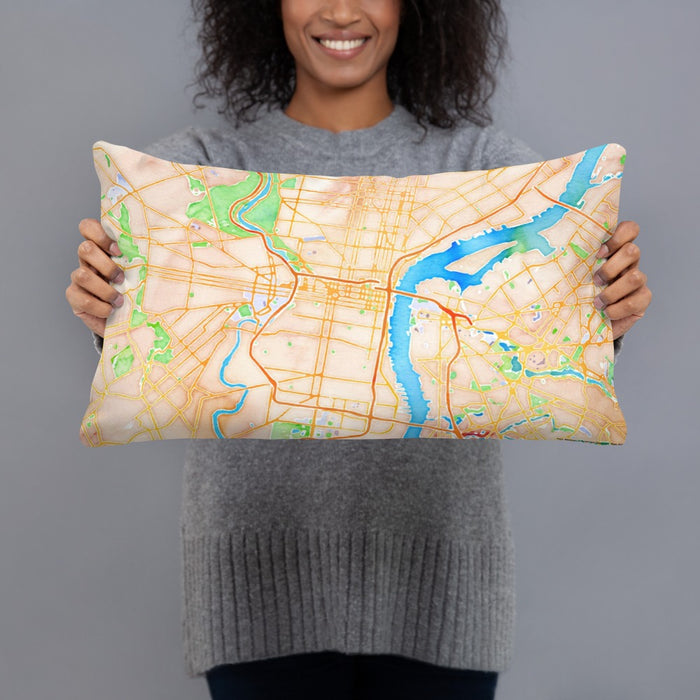 Person holding 20x12 Custom Philadelphia Pennsylvania Map Throw Pillow in Watercolor