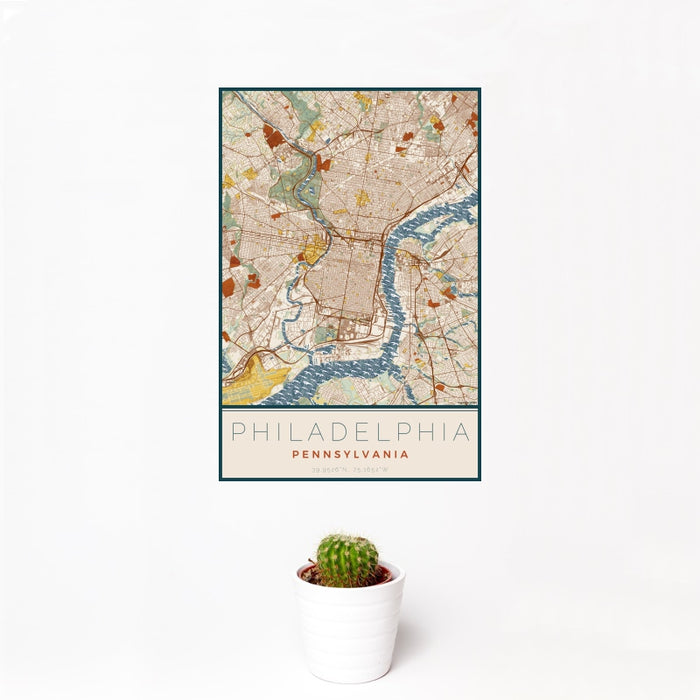 12x18 Philadelphia Pennsylvania Map Print Portrait Orientation in Woodblock Style With Small Cactus Plant in White Planter