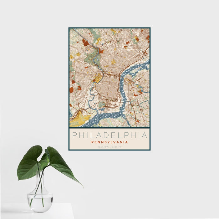 16x24 Philadelphia Pennsylvania Map Print Portrait Orientation in Woodblock Style With Tropical Plant Leaves in Water
