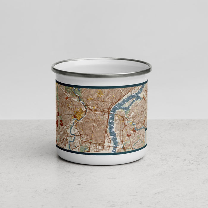 Front View Custom Philadelphia Pennsylvania Map Enamel Mug in Woodblock