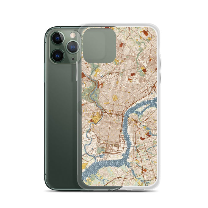 Custom Philadelphia Pennsylvania Map Phone Case in Woodblock on Table with Laptop and Plant