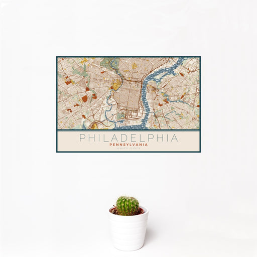 12x18 Philadelphia Pennsylvania Map Print Landscape Orientation in Woodblock Style With Small Cactus Plant in White Planter