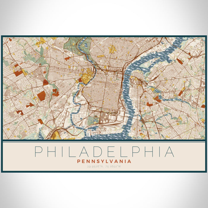 Philadelphia Pennsylvania Map Print Landscape Orientation in Woodblock Style With Shaded Background