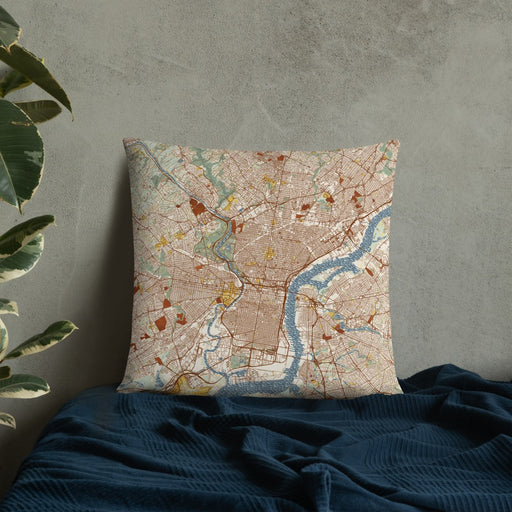Custom Philadelphia Pennsylvania Map Throw Pillow in Woodblock on Bedding Against Wall