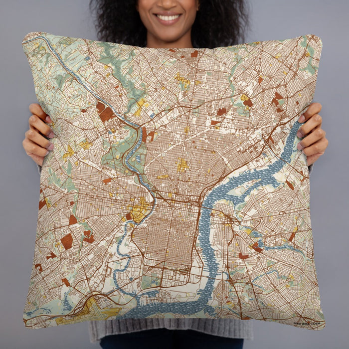 Person holding 22x22 Custom Philadelphia Pennsylvania Map Throw Pillow in Woodblock