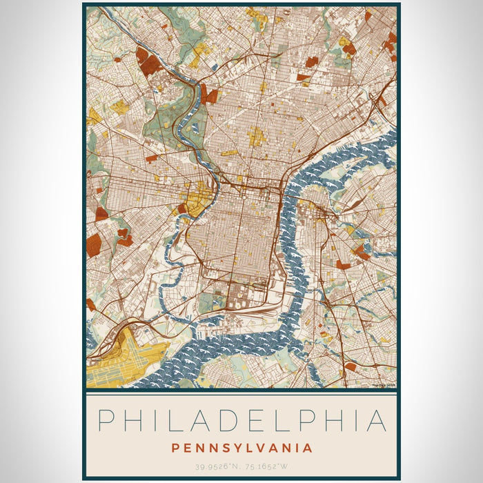 Philadelphia Pennsylvania Map Print Portrait Orientation in Woodblock Style With Shaded Background