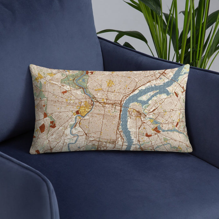 Custom Philadelphia Pennsylvania Map Throw Pillow in Woodblock on Blue Colored Chair