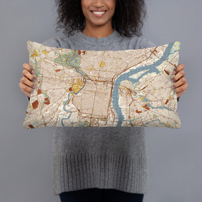 Person holding 20x12 Custom Philadelphia Pennsylvania Map Throw Pillow in Woodblock