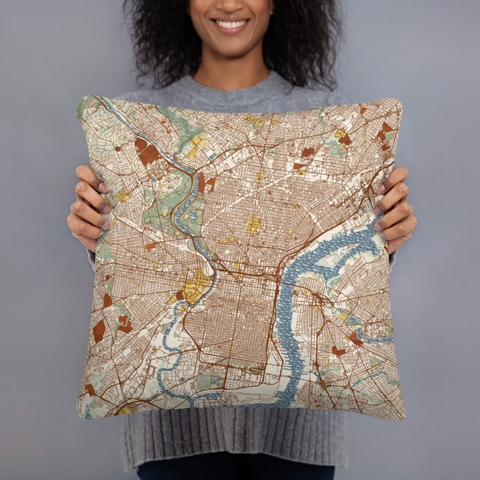Person holding 18x18 Custom Philadelphia Pennsylvania Map Throw Pillow in Woodblock