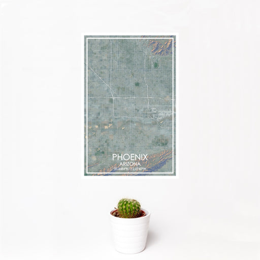 12x18 Phoenix Arizona Map Print Portrait Orientation in Afternoon Style With Small Cactus Plant in White Planter