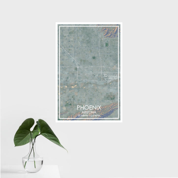 16x24 Phoenix Arizona Map Print Portrait Orientation in Afternoon Style With Tropical Plant Leaves in Water