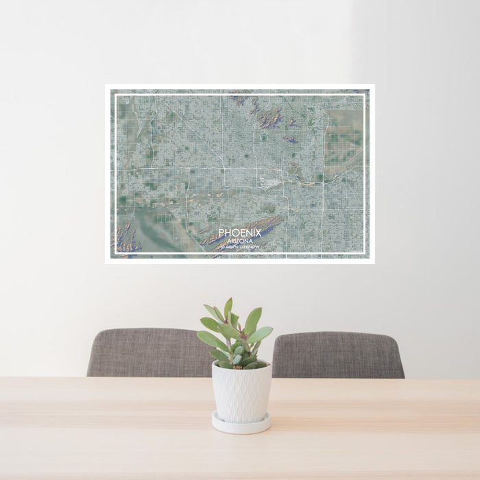 24x36 Phoenix Arizona Map Print Lanscape Orientation in Afternoon Style Behind 2 Chairs Table and Potted Plant