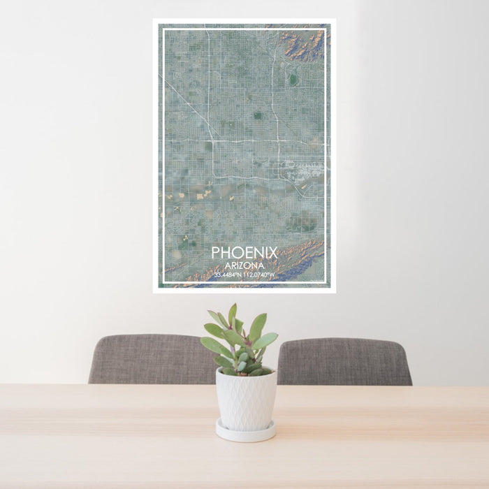 24x36 Phoenix Arizona Map Print Portrait Orientation in Afternoon Style Behind 2 Chairs Table and Potted Plant