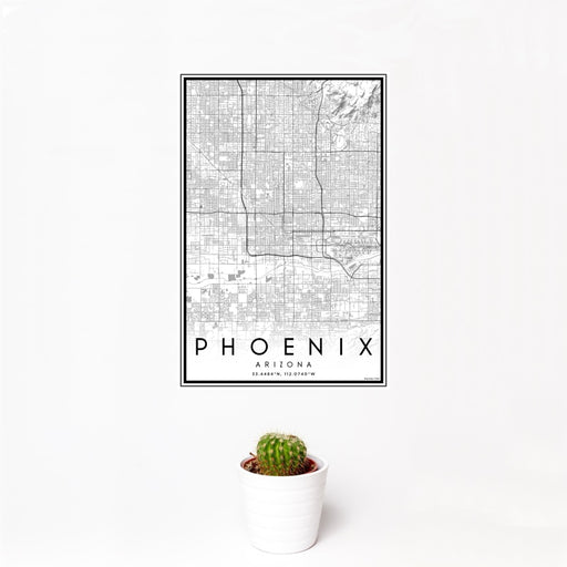 12x18 Phoenix Arizona Map Print Portrait Orientation in Classic Style With Small Cactus Plant in White Planter