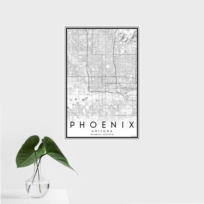 16x24 Phoenix Arizona Map Print Portrait Orientation in Classic Style With Tropical Plant Leaves in Water
