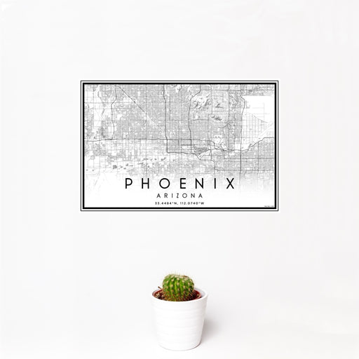 12x18 Phoenix Arizona Map Print Landscape Orientation in Classic Style With Small Cactus Plant in White Planter