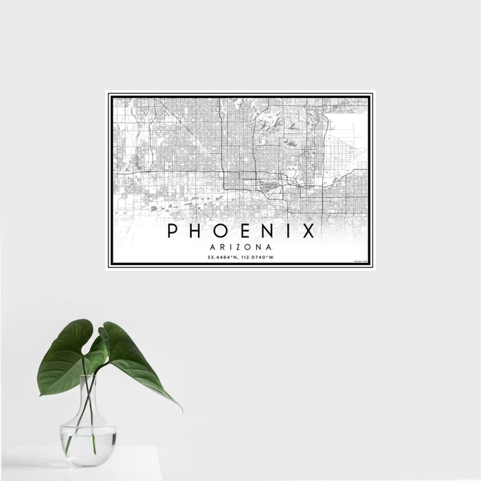 16x24 Phoenix Arizona Map Print Landscape Orientation in Classic Style With Tropical Plant Leaves in Water