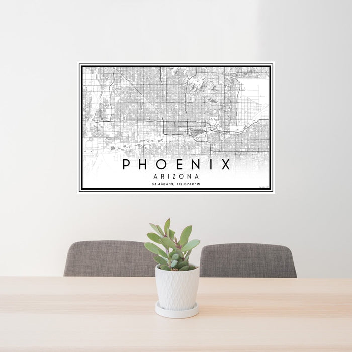 24x36 Phoenix Arizona Map Print Landscape Orientation in Classic Style Behind 2 Chairs Table and Potted Plant