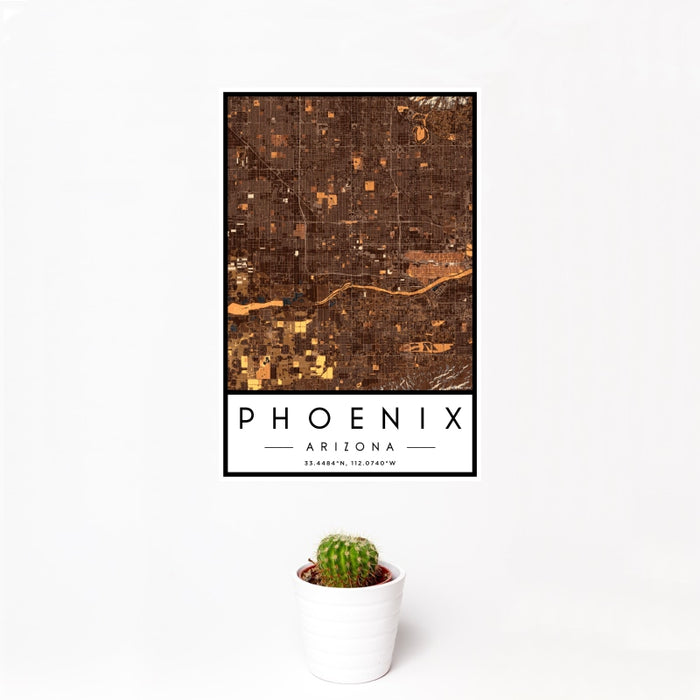12x18 Phoenix Arizona Map Print Portrait Orientation in Ember Style With Small Cactus Plant in White Planter