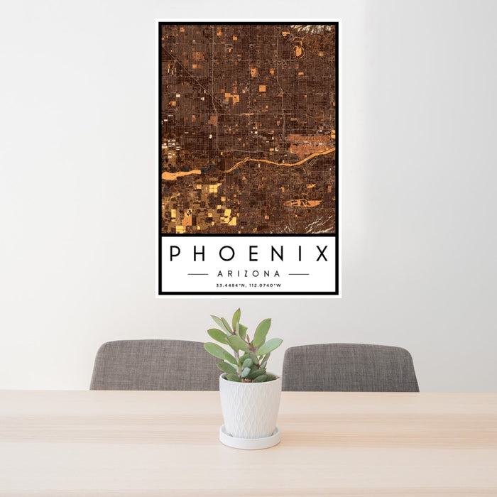 24x36 Phoenix Arizona Map Print Portrait Orientation in Ember Style Behind 2 Chairs Table and Potted Plant