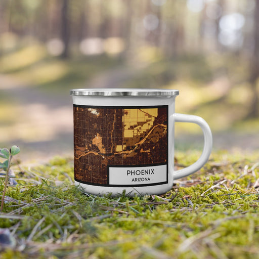 Right View Custom Phoenix Arizona Map Enamel Mug in Ember on Grass With Trees in Background