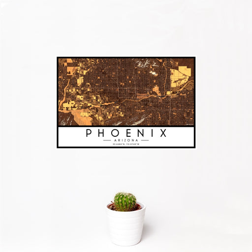 12x18 Phoenix Arizona Map Print Landscape Orientation in Ember Style With Small Cactus Plant in White Planter