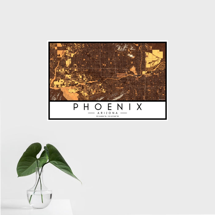 16x24 Phoenix Arizona Map Print Landscape Orientation in Ember Style With Tropical Plant Leaves in Water