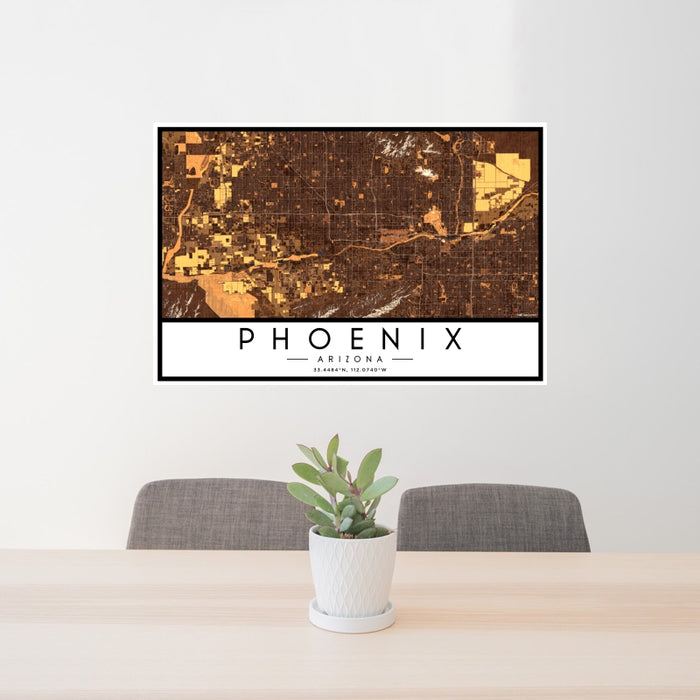 24x36 Phoenix Arizona Map Print Landscape Orientation in Ember Style Behind 2 Chairs Table and Potted Plant