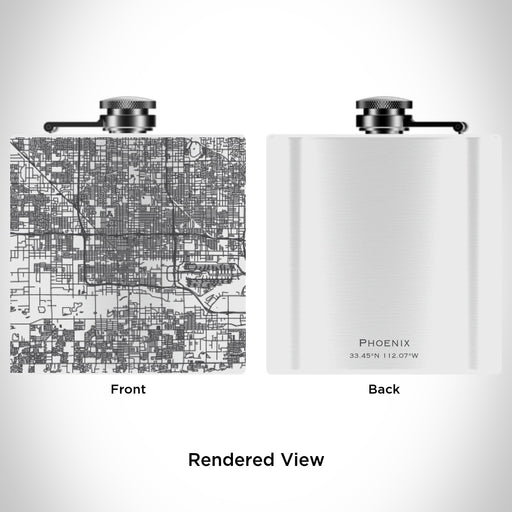 Rendered View of Phoenix Arizona Map Engraving on 6oz Stainless Steel Flask in White