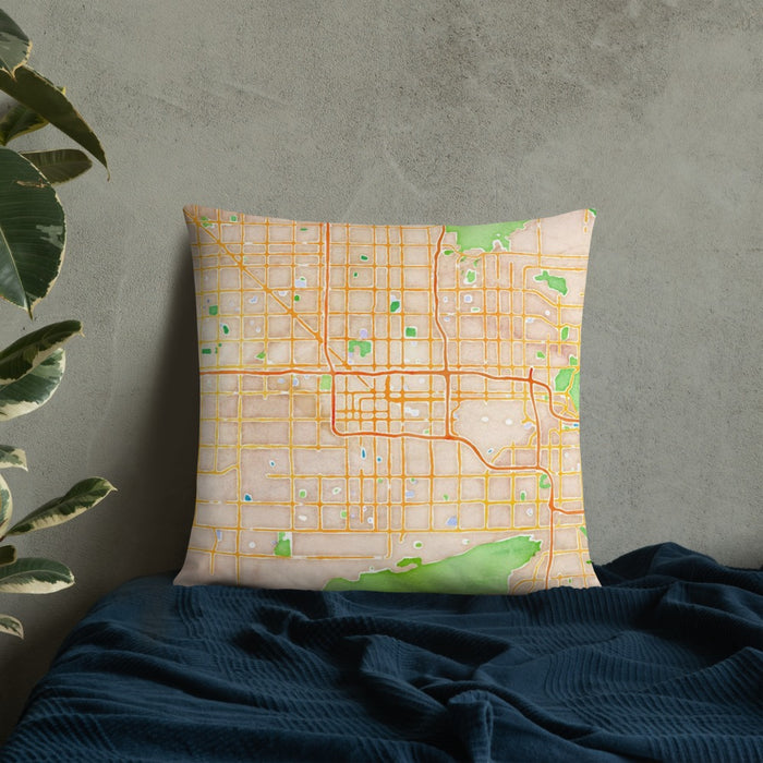 Custom Phoenix Arizona Map Throw Pillow in Watercolor on Bedding Against Wall