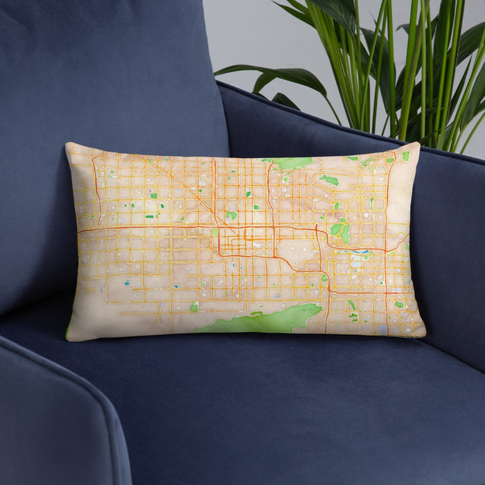Custom Phoenix Arizona Map Throw Pillow in Watercolor on Blue Colored Chair