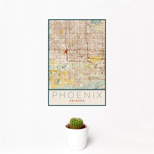 12x18 Phoenix Arizona Map Print Portrait Orientation in Woodblock Style With Small Cactus Plant in White Planter