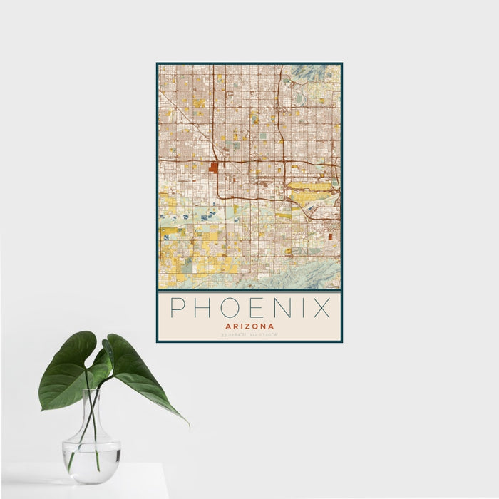 16x24 Phoenix Arizona Map Print Portrait Orientation in Woodblock Style With Tropical Plant Leaves in Water