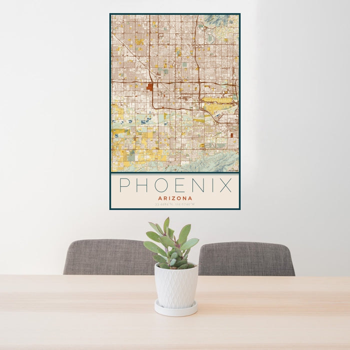24x36 Phoenix Arizona Map Print Portrait Orientation in Woodblock Style Behind 2 Chairs Table and Potted Plant