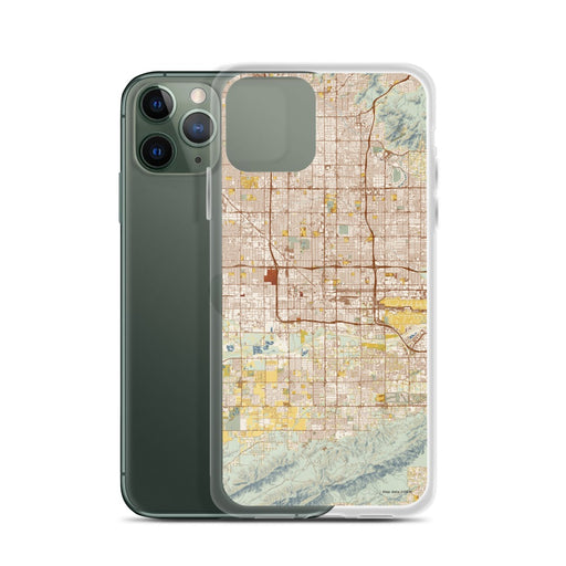 Custom Phoenix Arizona Map Phone Case in Woodblock on Table with Laptop and Plant