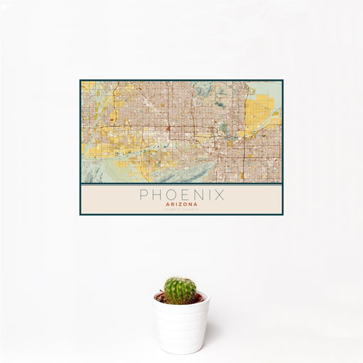 12x18 Phoenix Arizona Map Print Landscape Orientation in Woodblock Style With Small Cactus Plant in White Planter